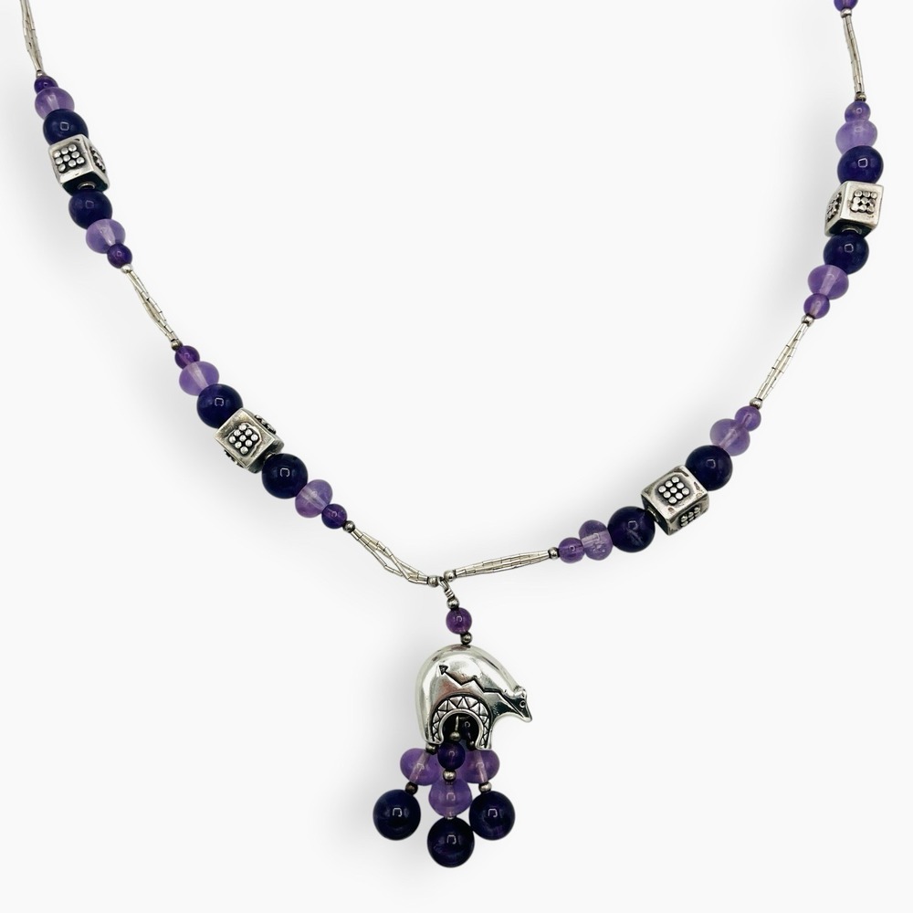 Vintage Native American Bear Fetish Necklace Sterling Silver Purple Beaded
